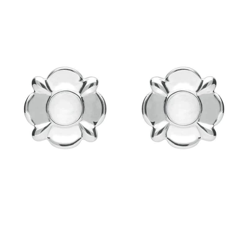 Sterling Silver Bauxite Round Four Petal Flower Stud Earrings - Silver