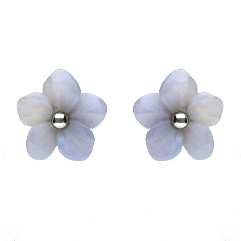 Sterling Silver Blue Chalcedony Tuberose 10mm Pansy Stud Earrings - Silver