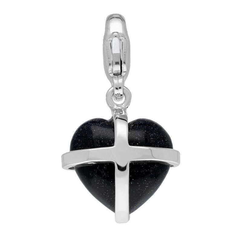 Sterling Silver Blue Goldstone Small Cross Heart Charm - Silver