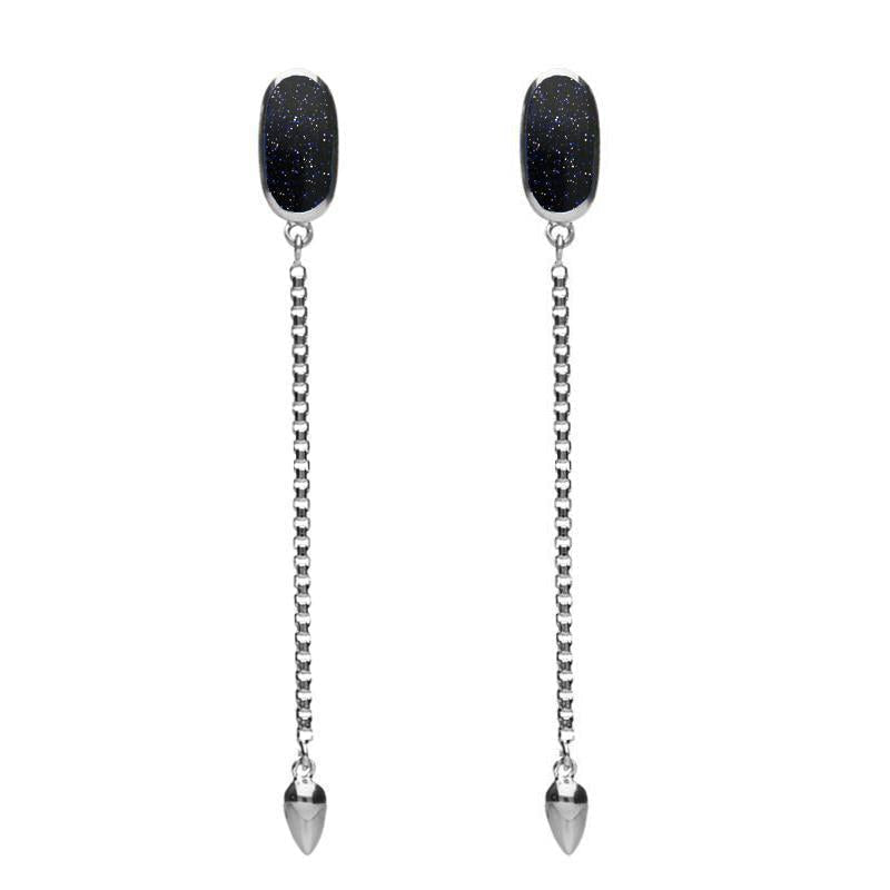 Sterling Silver Blue Goldstone Lineaire Long Drop Stud Earrings