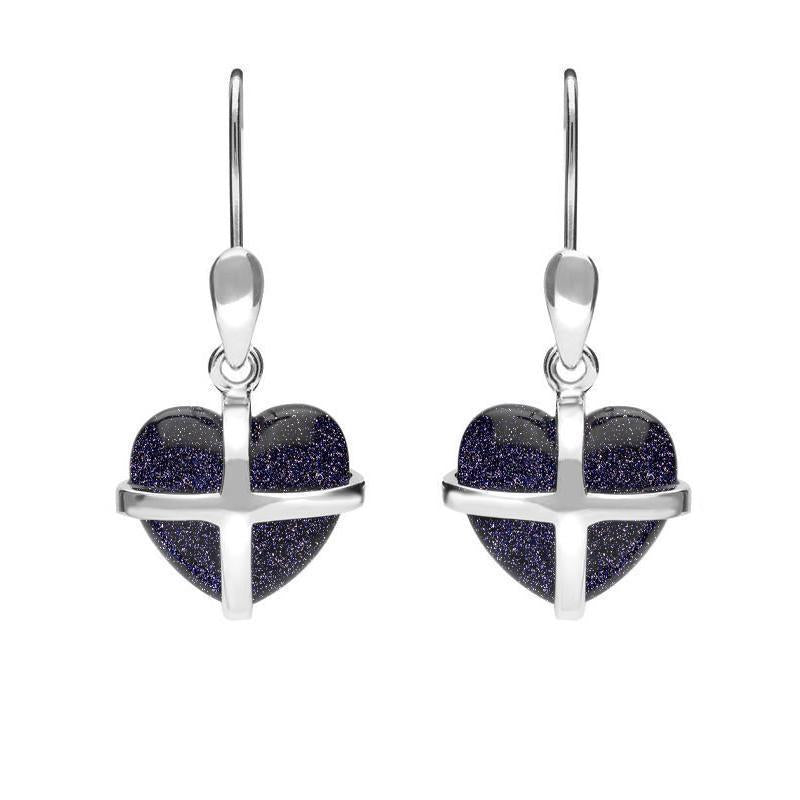 Sterling Silver Blue Goldstone Small Cross Heart Drop Earrings - Silver