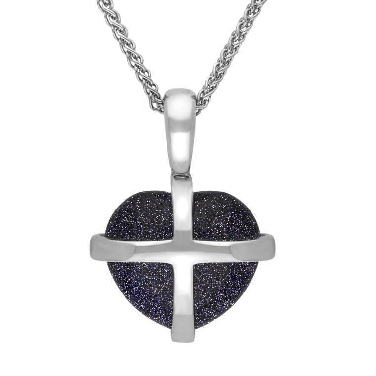 Sterling Silver Blue Goldstone Small Cross Heart Necklace - Silver