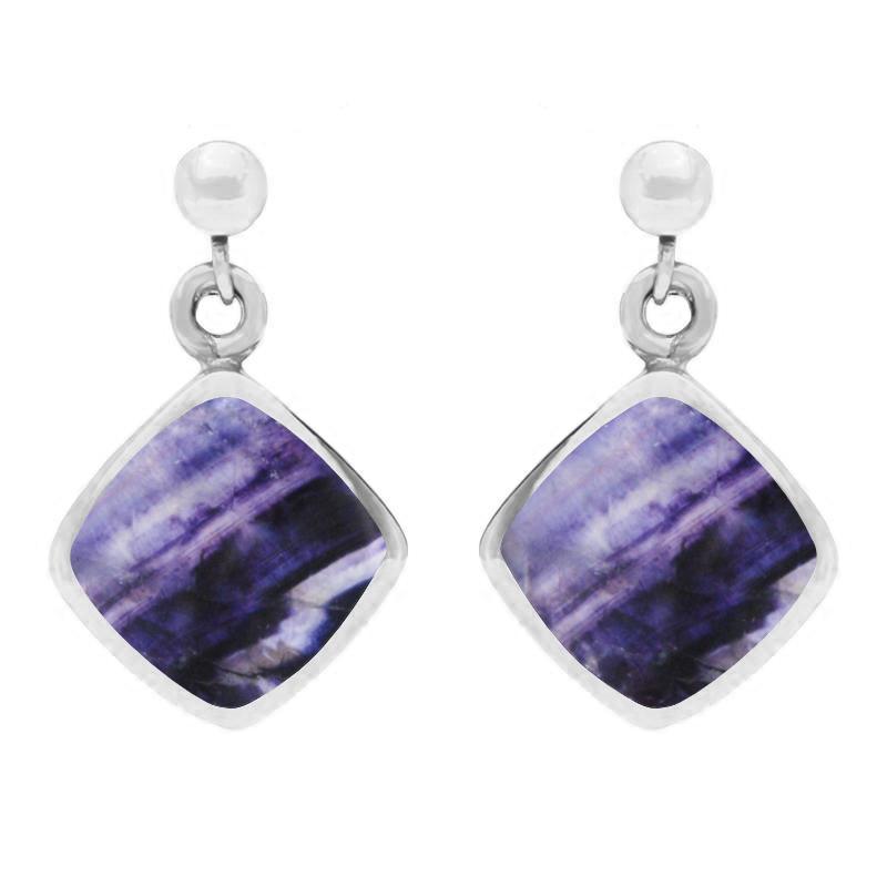 Sterling Silver Blue John Cushion Drop Earrings - Silver
