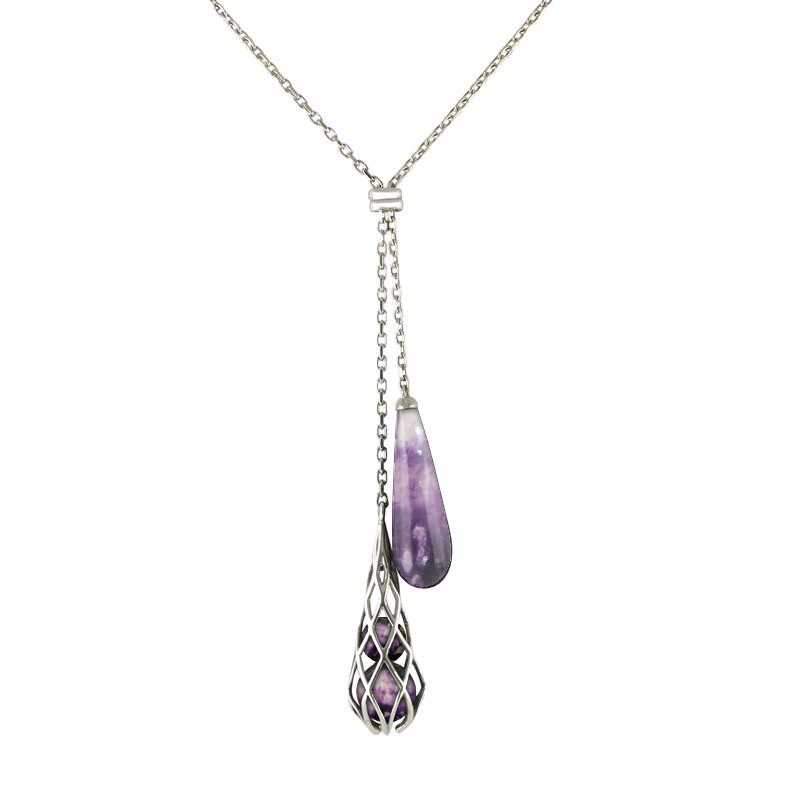 Sterling Silver Blue John Double Drop Necklace - Silver