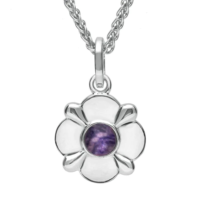 Sterling Silver Blue John Four Petal Flower Necklace - Silver