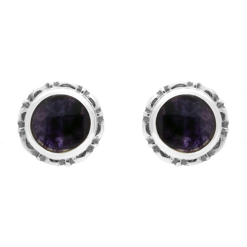Sterling Silver Blue John Round Bead Edge Stud Earrings - Silver