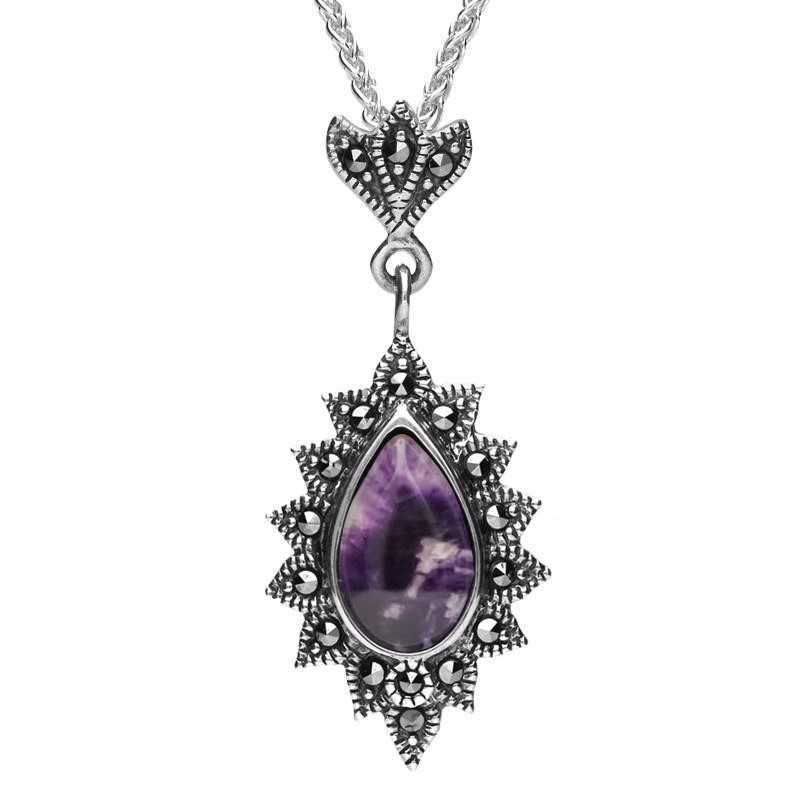 Sterling Silver Blue John Marcasite Beaded Edge Pear Necklace - Silver