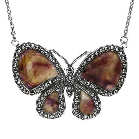 Sterling Silver Blue John Marcasite Butterfly Necklace - Silver