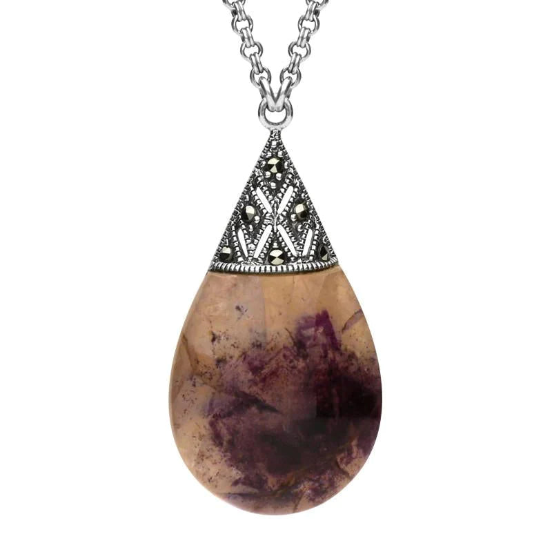 Sterling Silver Blue John Marcasite Capped Pear Drop Necklace - Silver