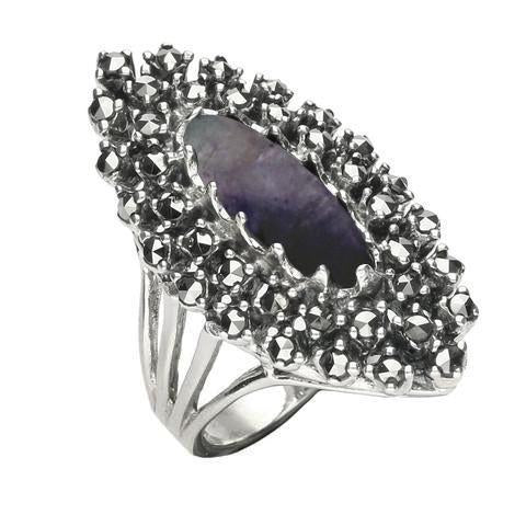 Sterling Silver Blue John Marcasite Double Marquise Ring - Silver