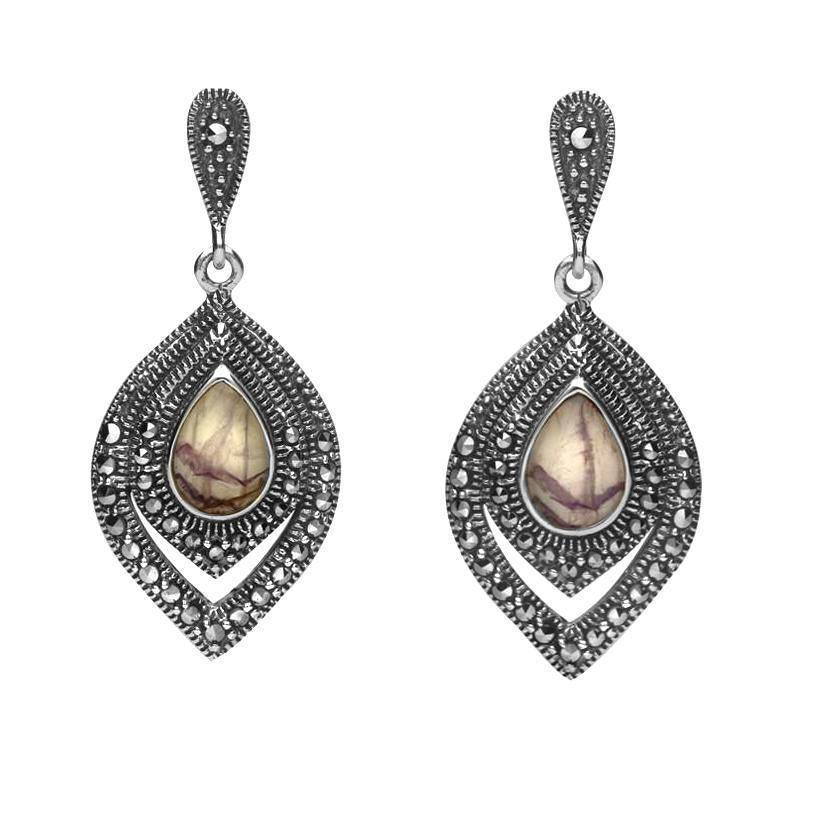 Sterling Silver Blue John Marcasite Fancy Pear Stud Earrings - Silver