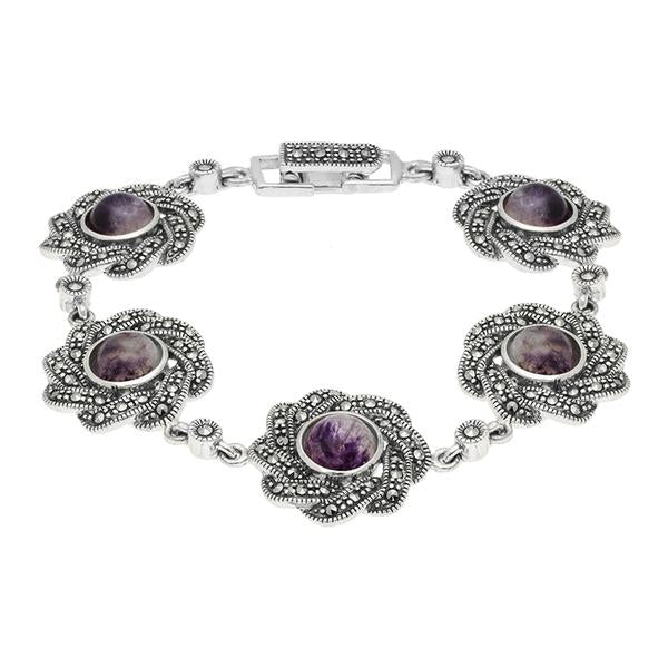 Sterling Silver Blue John Marcasite Flower link Bracelet - Silver