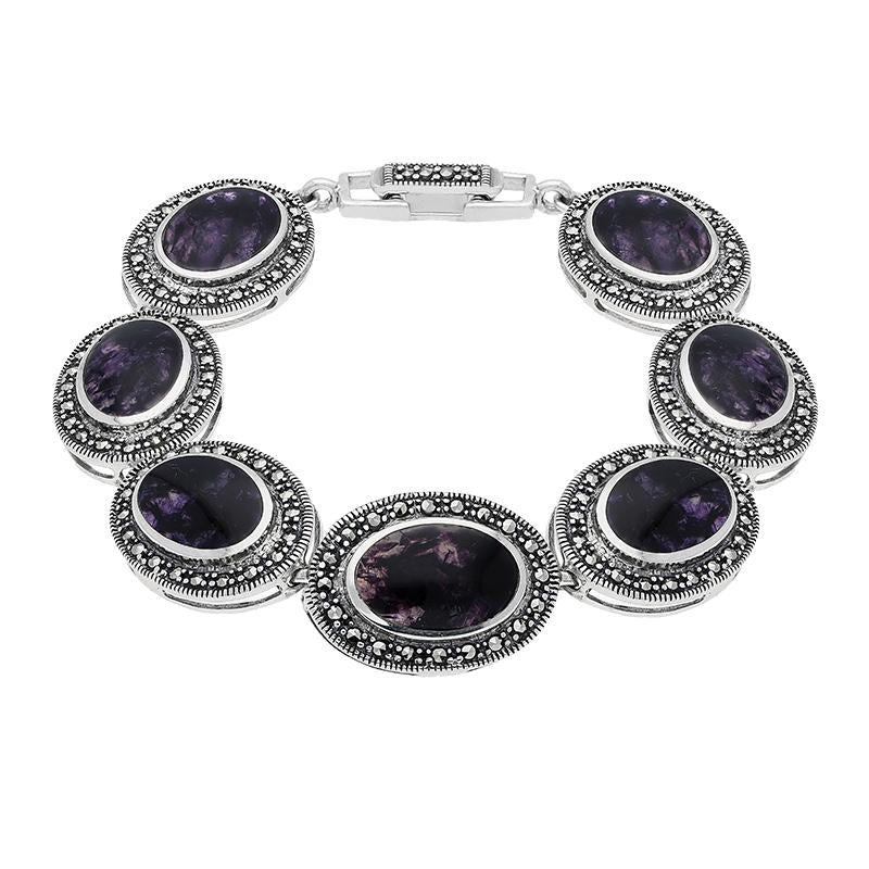 Sterling Silver Blue John Marcasite Framed Oval Bracelet - Silver