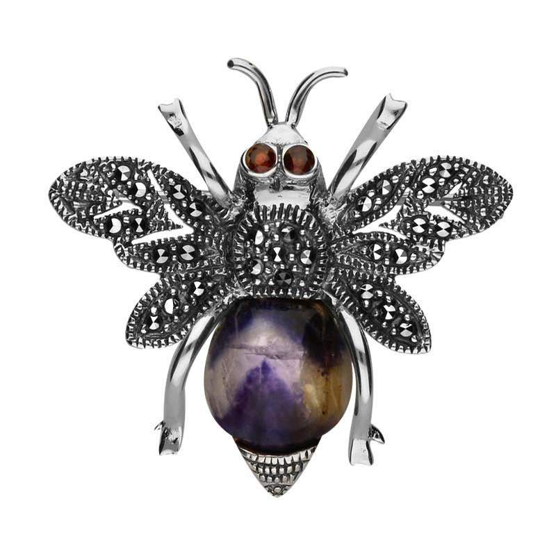 Sterling Silver Blue John Marcasite Garnet House Style Bee Brooch - Silver