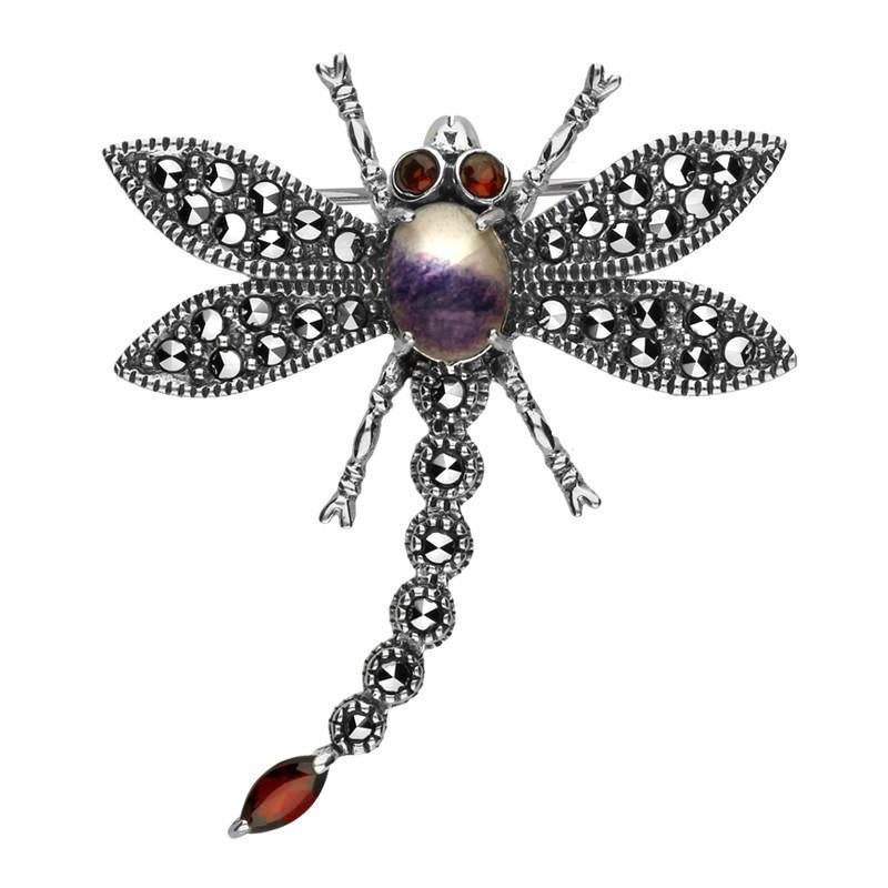 Sterling Silver Blue John Marcasite Garnet House Style Dragonfly Brooch - Silver