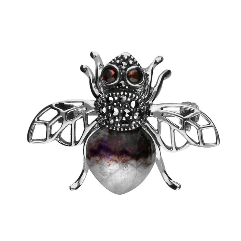Sterling Silver Blue John Marcasite Garnet House Style Honey Bee Brooch - Silver