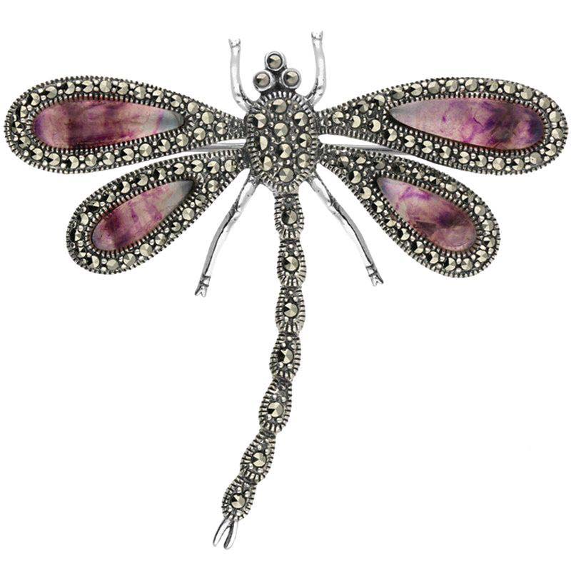 Sterling Silver Blue John Marcasite House Style Large Dragonfly Brooch - Silver