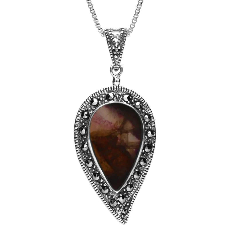 Sterling Silver Blue John Marcasite Leaf Necklace - Silver