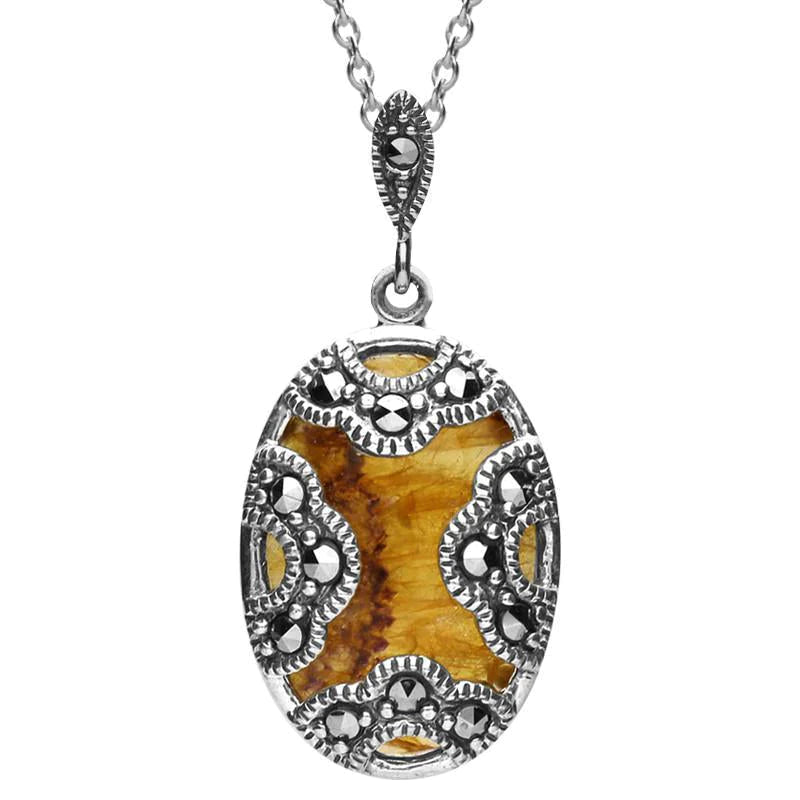 Sterling Silver Blue John Marcasite Oval Art Deco Necklace - Silver