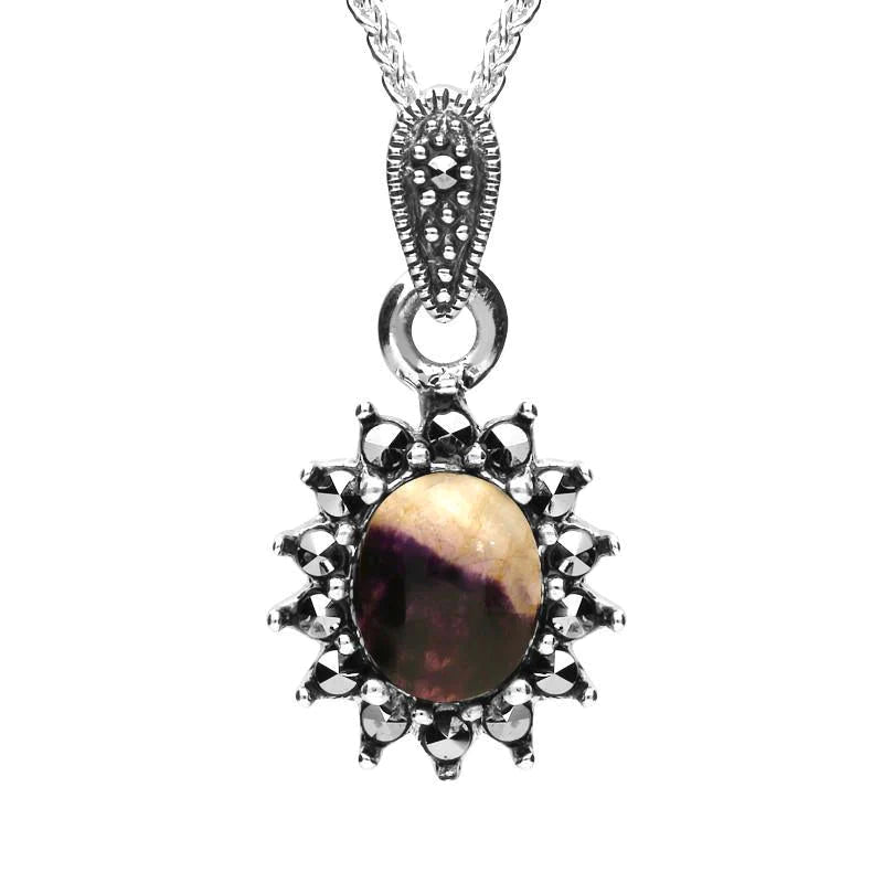 Sterling Silver Blue John Marcasite Oval Bead Edge Necklace - Silver