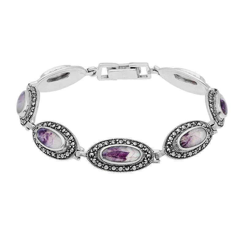 Sterling Silver Blue John Marcasite Slim Oval Link Bracelet - Silver