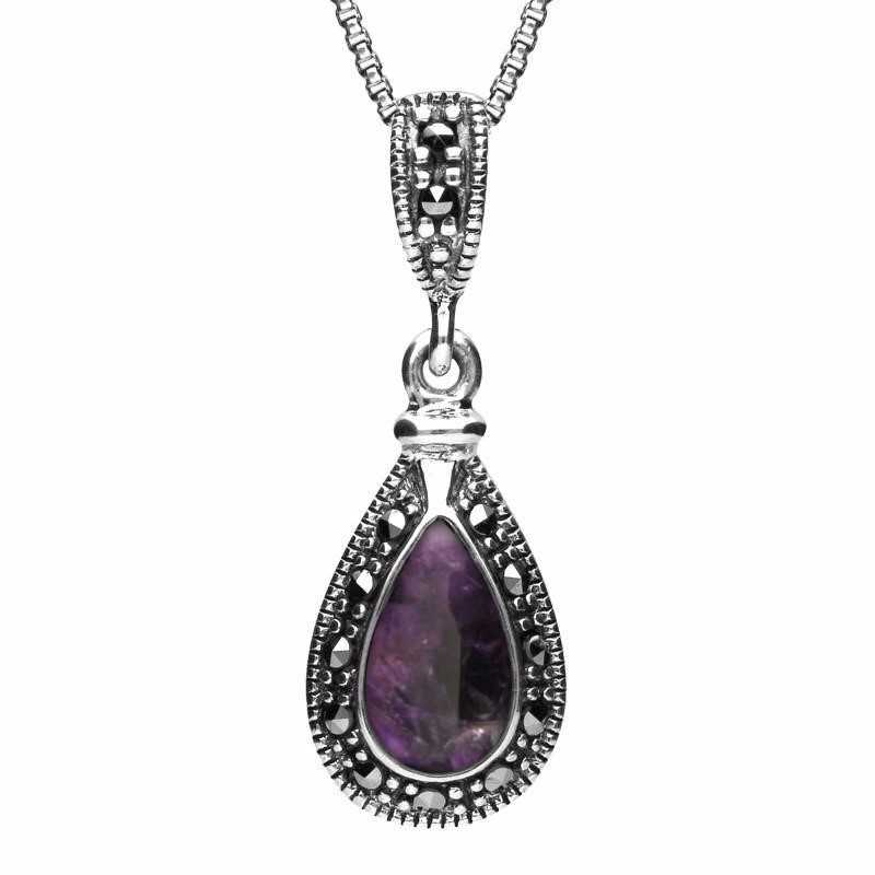 Sterling Silver Blue John Marcasite Small Beaded Pear Necklace - Silver