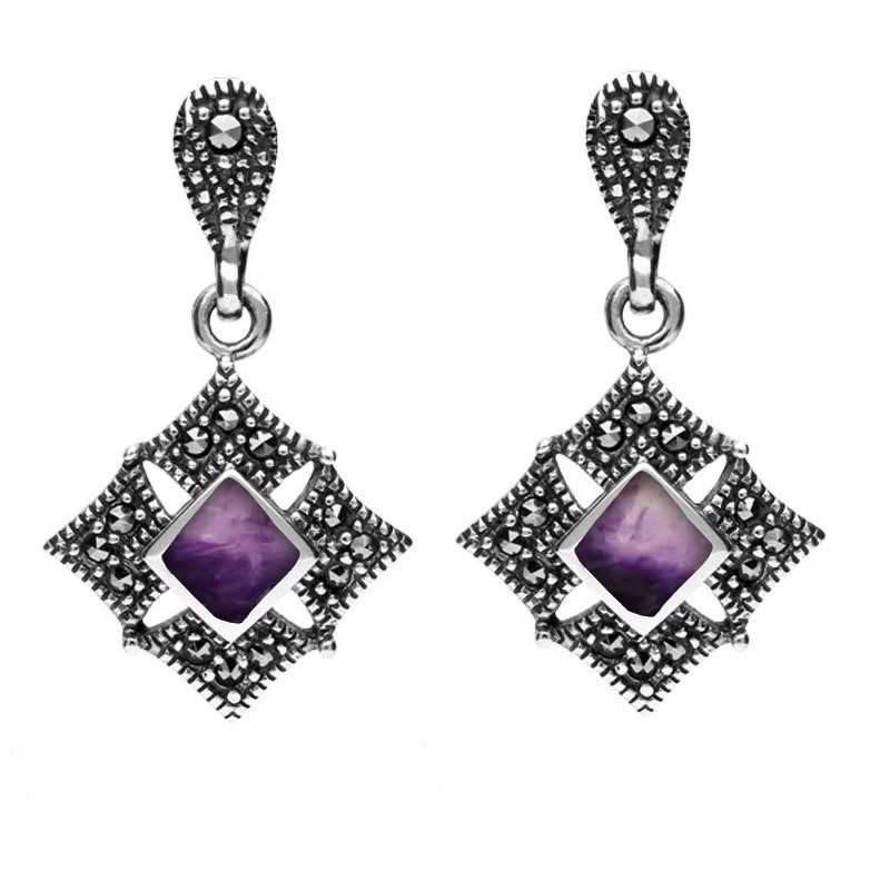 Sterling Silver Blue John Marcasite Square Drop Stud Earrings - Silver