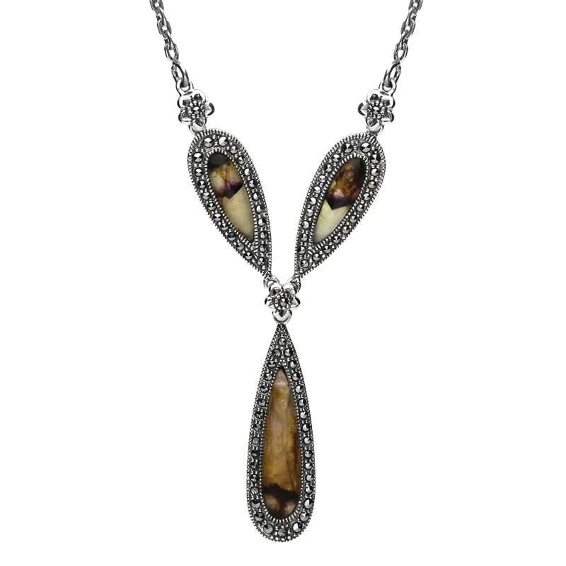 Sterling Silver Blue John Marcasite Three Pear Drop Necklace - Silver