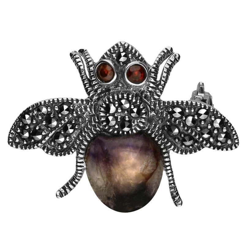Sterling Silver Blue John Garnet and Marcasite Bee Brooch - Silver