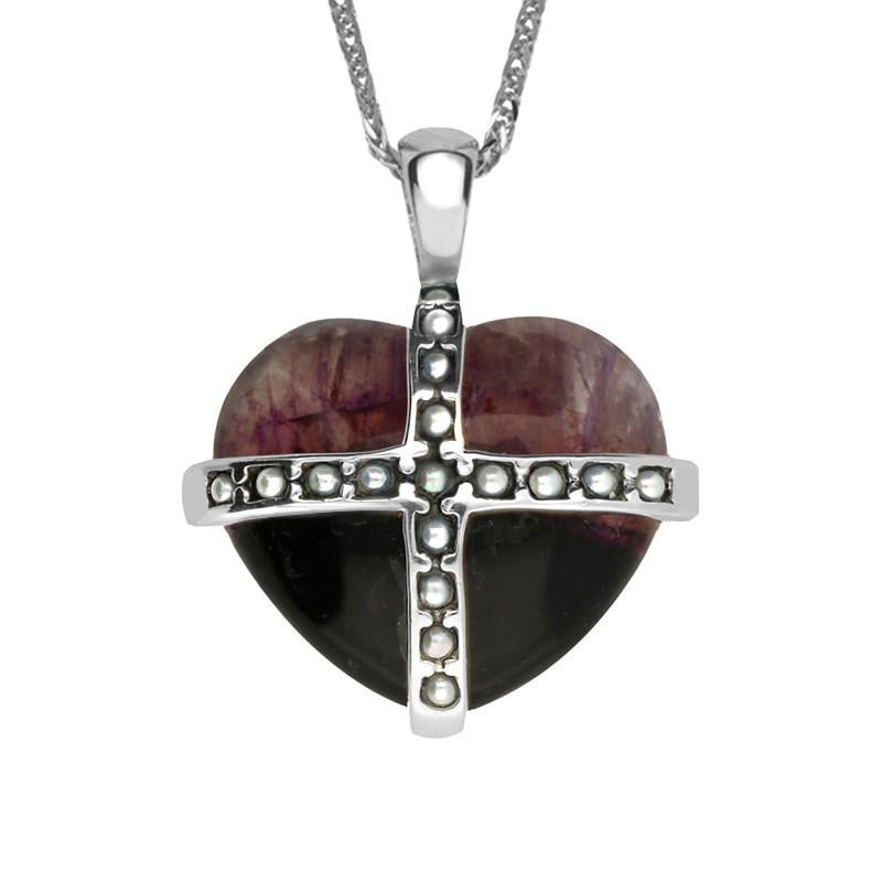 Sterling Silver Blue John Seventeen Pearl Small Cross Heart Necklace - Gold