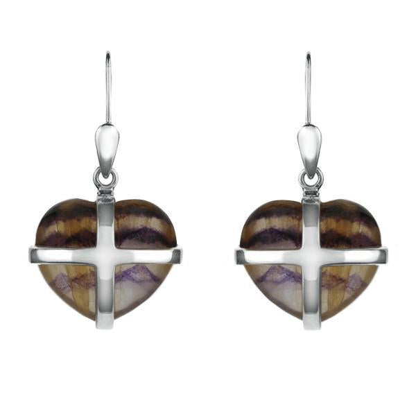 Sterling Silver Blue John Small Cross Heart Drop Earrings - Silver