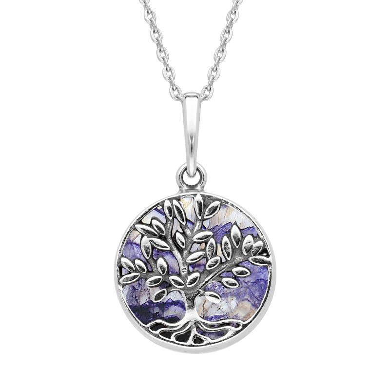 Sterling Silver Blue John Small Round Large Leaves Tree of Life Necklace