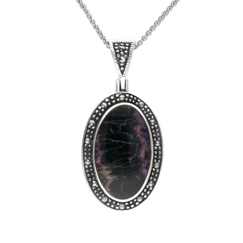 Sterling Silver Blue John and Marcasite Framed Oval Necklace - Silver