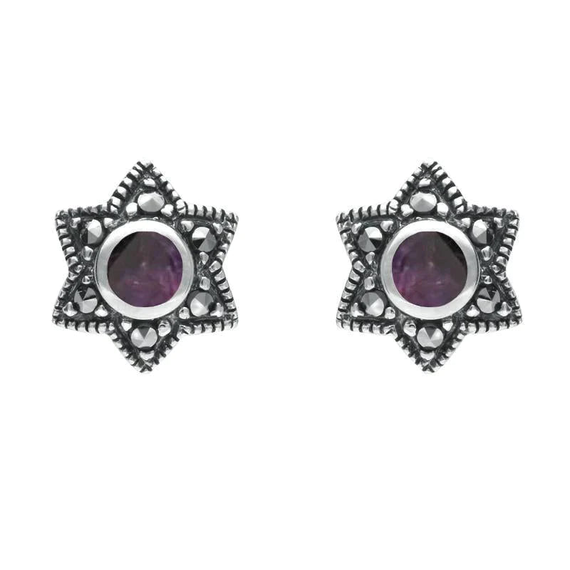 Sterling Silver Blue John and Marcasite Six Point Star Stud Earrings - Silver