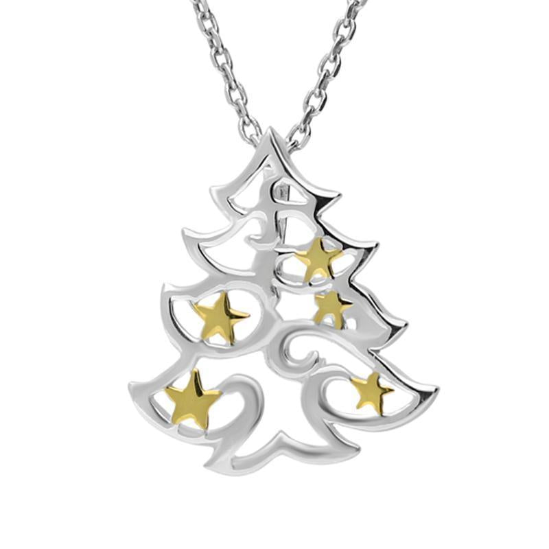 Sterling Silver Gold Plated Christmas Tree with Stars Necklace - Option1 Value Yellow Gold
