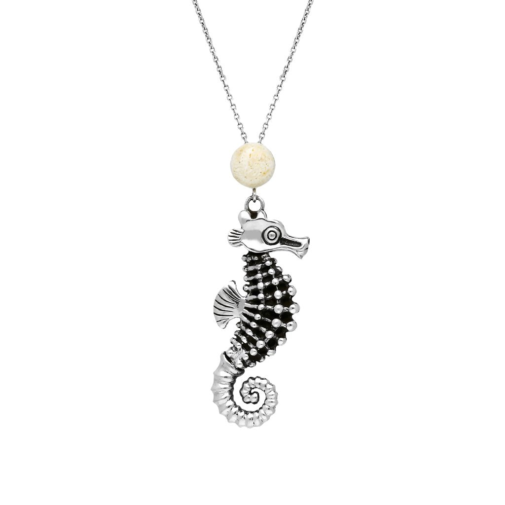 Sterling Silver Coquina Large Seahorse Stone Top Necklace - Option1 Value Silver