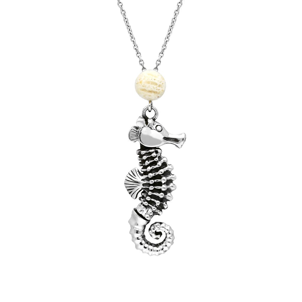 Sterling Silver Coquina Small Seahorse Stone Top Necklace - Option1 Value Silver