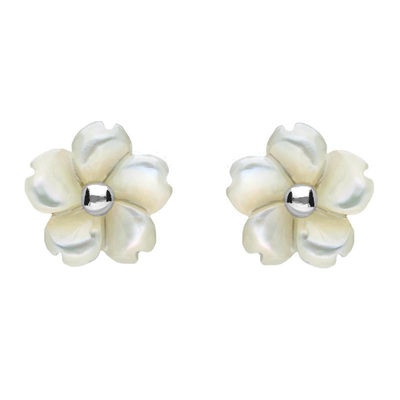 Sterling Silver White Mother of Pearl Tuberose 8mm Gypsophila Stud Earrings - Silver