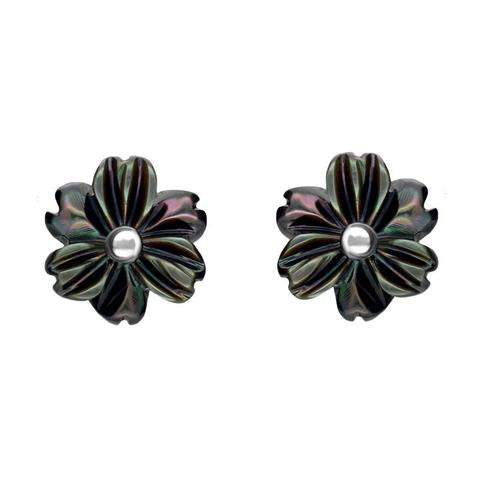 Sterling Silver Dark Mother of Pearl Tuberose 8mm Dahlia Stud Earrings - Silver