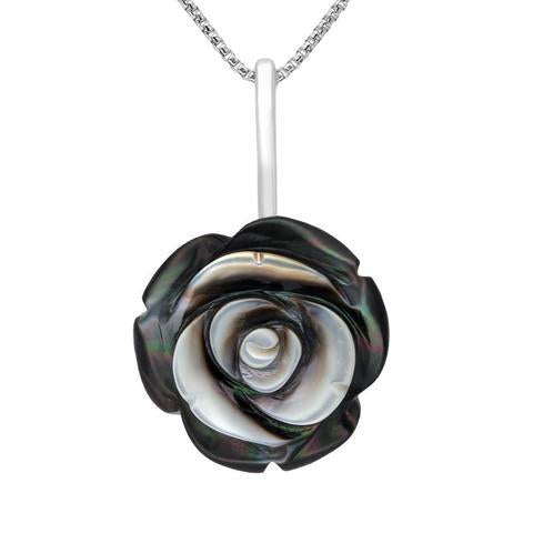 Sterling Silver Dark Mother of Pearl Tuberose 20mm Rose Necklace - Silver