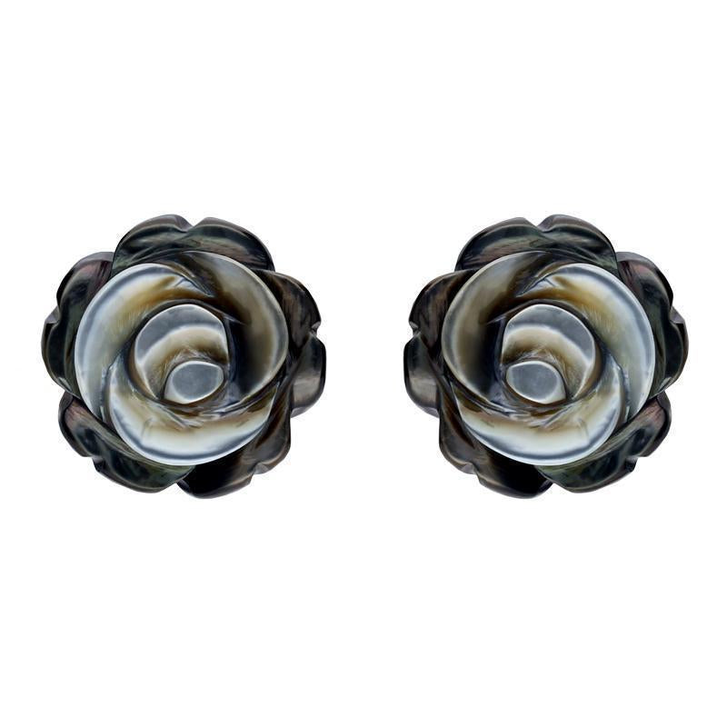 Sterling Silver Dark Mother of Pearl Tuberose 10mm Rose Stud Earrings - Silver