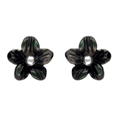 Sterling Silver Dark Mother of Pearl Tuberose 8mm Pansy Stud Earrings - Silver
