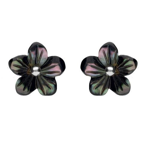 Sterling Silver Dark Mother of Pearl Tuberose 10mm Pansy Stud Earrings - Silver