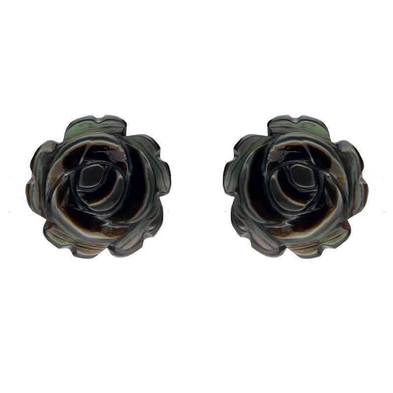 Sterling Silver Dark Mother of Pearl Tuberose 8mm Rose Stud Earrings - Silver