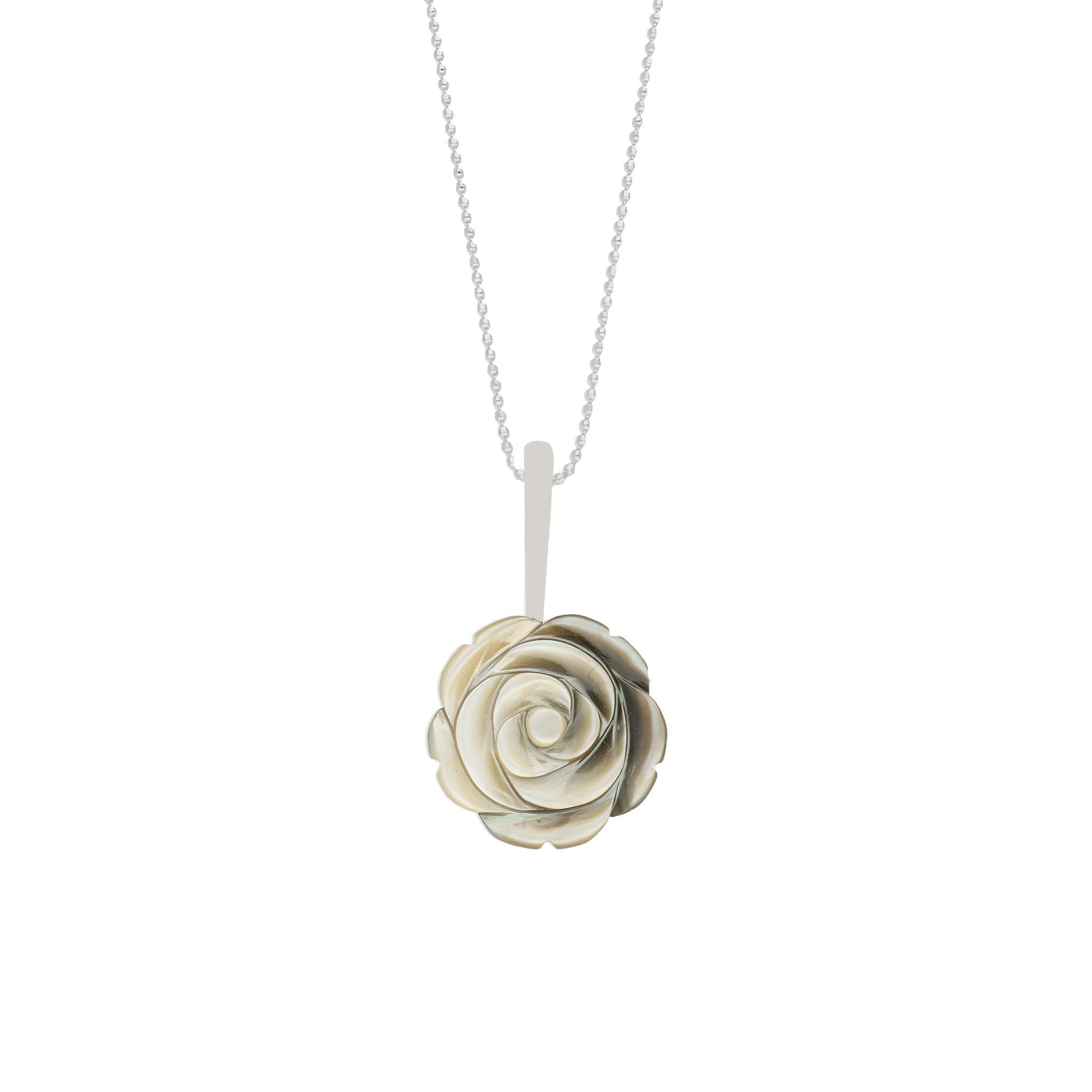 Sterling Silver Dark Mother of Pearl Tuberose 18mm Rose Necklace - Silver