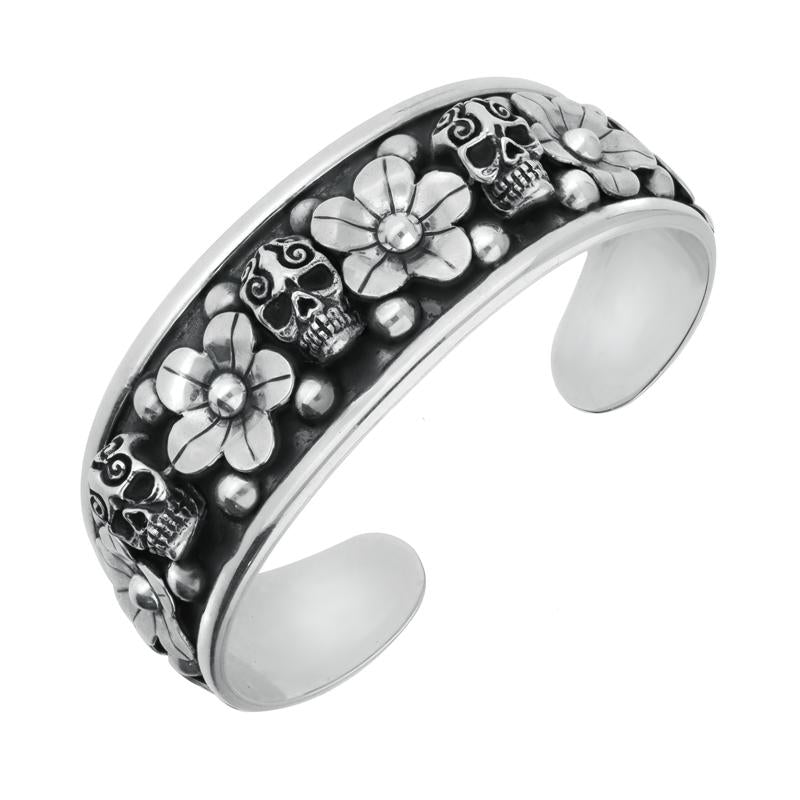 Sterling Silver Day Of The Dead Skull Flowers Cuff Bangle - Silver