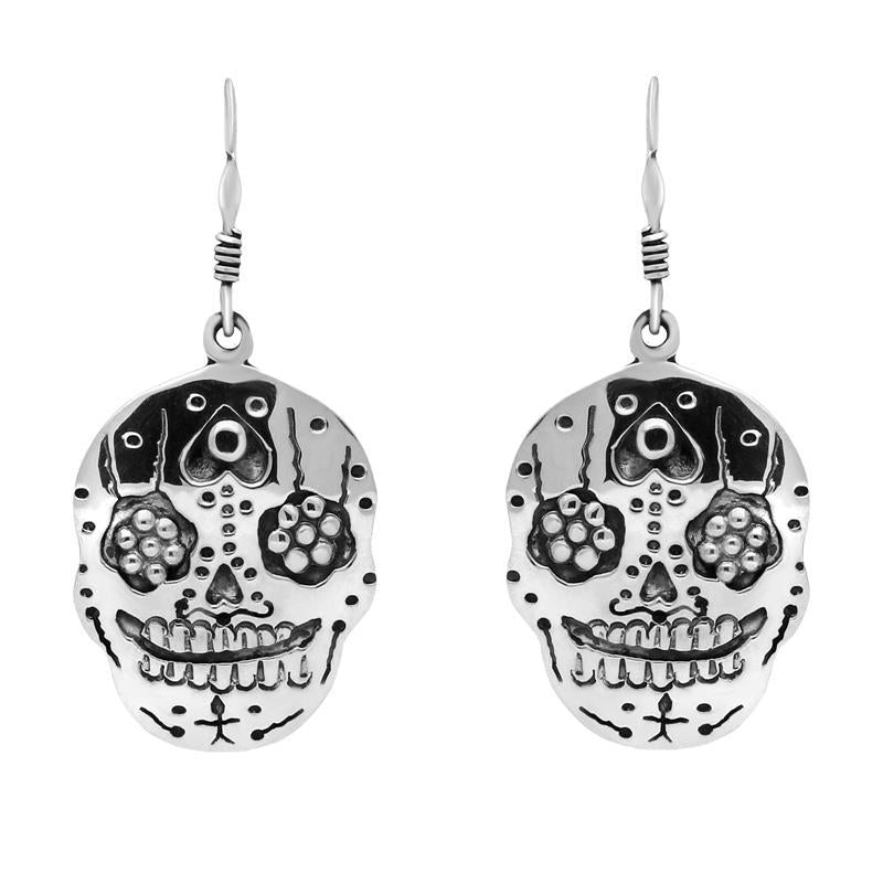 Sterling Silver Day of the Dead Skull Hook Earrings - Silver