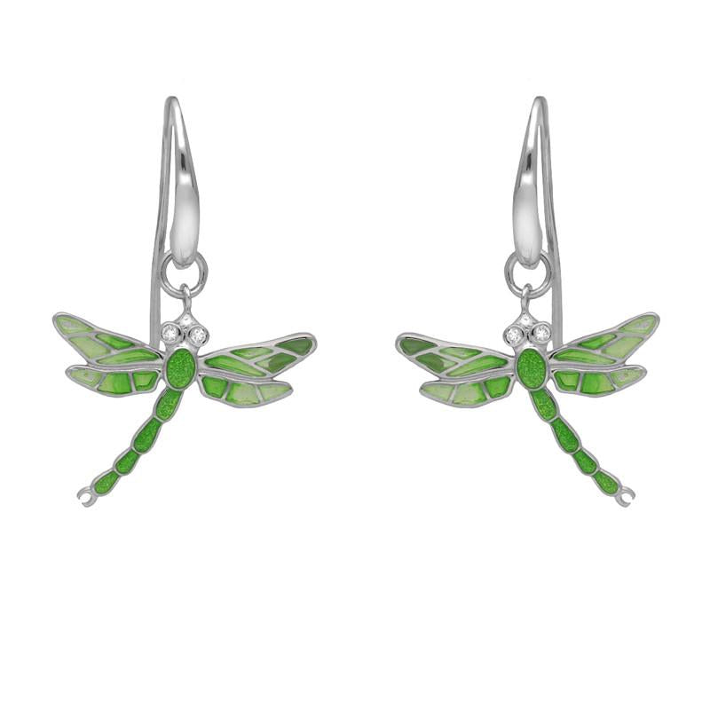 Sterling Silver Diamond Green Enamel House Style Dragonfly Drop Earrings - Silver