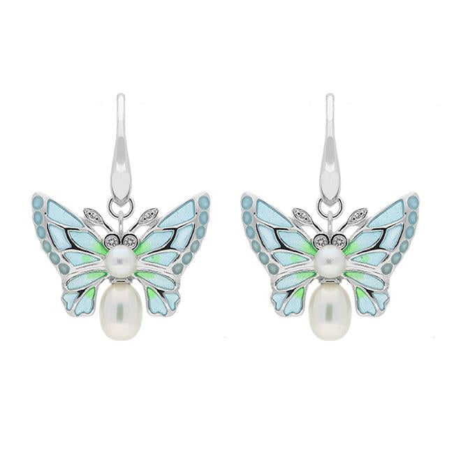 Sterling Silver Diamond Pearl Enamel House Style Butterfly Drop Earrings - Silver