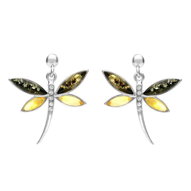 Sterling Silver Green Amber Cubic Zirconia Dragonfly Drop Earrings - Option1 Value Silver